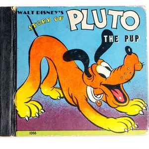 May include: A vintage book cover featuring Pluto the Pup from Walt Disney's Story of Pluto. The cover is blue with a cartoon image of Pluto in a playful pose. The text "Walt Disney's Story of Pluto The Pup" is printed in black and white.