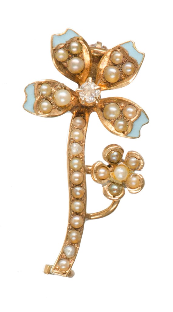 14k Victorian diamond & pearl floral brooch pin