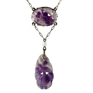 Art Deco carved amethyst quartz & sterling Chinese necklace