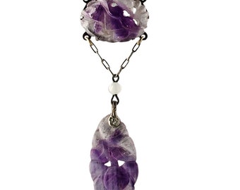 Art Deco carved amethyst quartz & sterling Chinese necklace