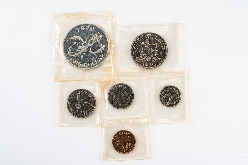 Pu&ograve; includere: Un set di sei monete d'argento in buste di plastica. Le monete presentano l'anno 1970 e le parole "One Dollar" e "Fifty Cents".