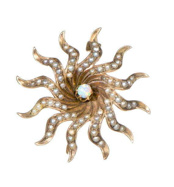 Victorian sunburst brooch with opal and pearls