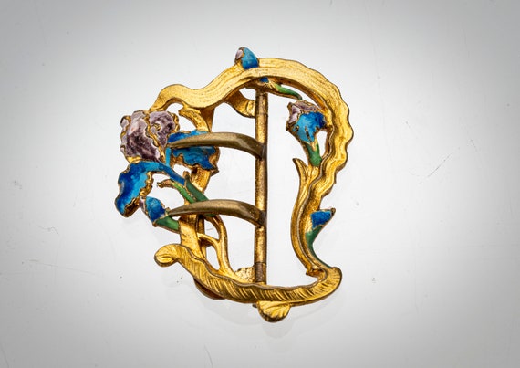 Art Nouveau  enameled floral gilt brass sash buck… - image 1