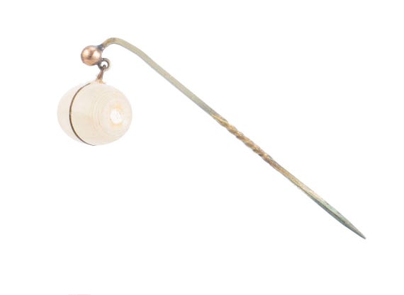 antique stick pin w/dangling mother of pearl barrel shape stanhope