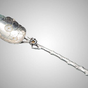 May include: A silver serving spoon with a floral design on the bowl. The handle is shaped like a branch, and the spoon has a small, gold-colored accent. The spoon is likely used for serving food or as a decorative piece.