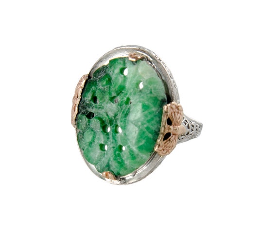 Art Deco 14k multi color gold & carved jade ring … - image 2