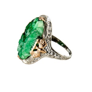 Art Deco 14k multi color gold & carved jade ring size 5