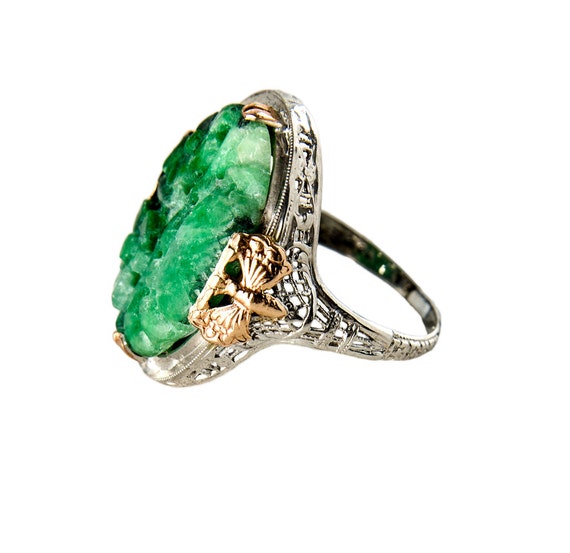 Art Deco 14k multi color gold & carved jade ring … - image 1