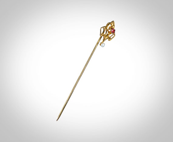 Art Deco 14k yellow gold paste & pearl  stick pin… - image 6