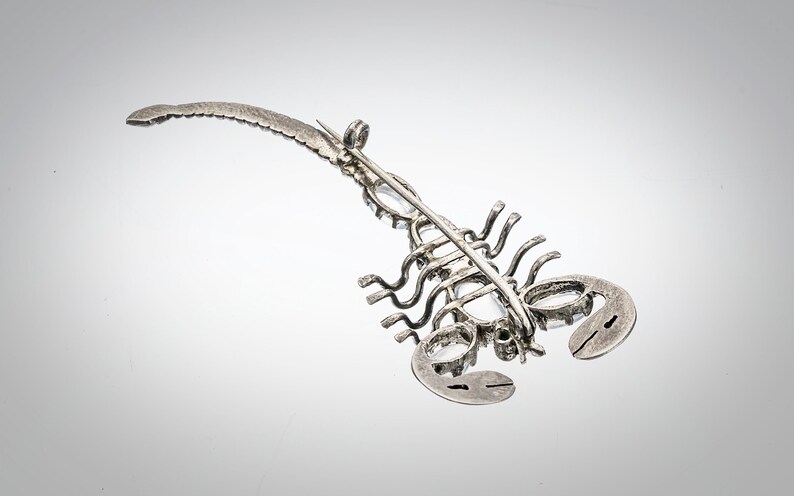 May include: A silver scorpion brooch with clear rhinestones. The brooch is detailed with a long, curved tail and a pin on the back.
