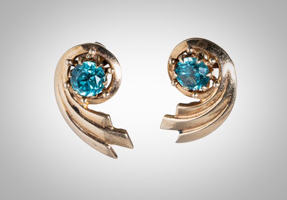 14k & blue zircon midcentury Retro earrings - image 1