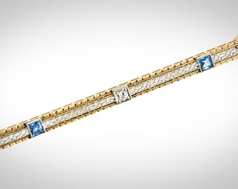Art Deco 14k white/yellow gold diamond & sapphire filigree bar pin