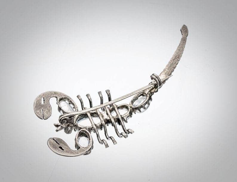 May include: A silver scorpion brooch with clear rhinestones. The brooch has a pin on the back for attaching to clothing.
