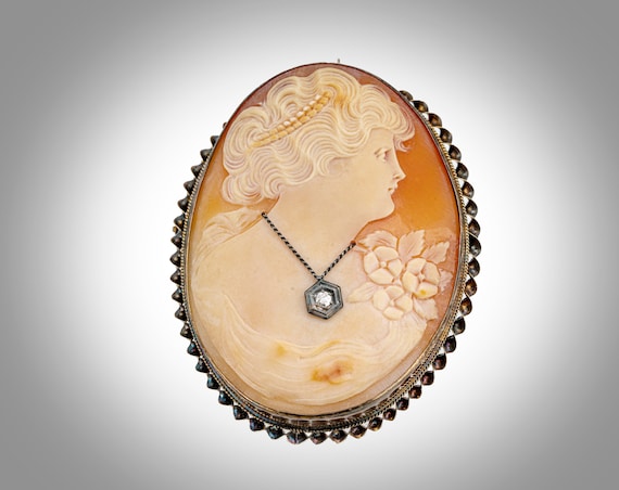 Art Deco 10k & diamond carved shell cameo brooch … - image 1