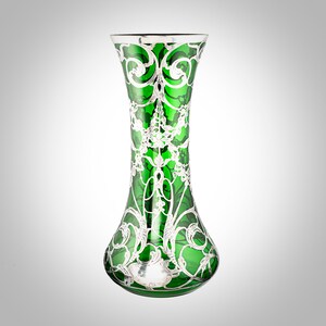 Emerald green glass silver overlay large vase