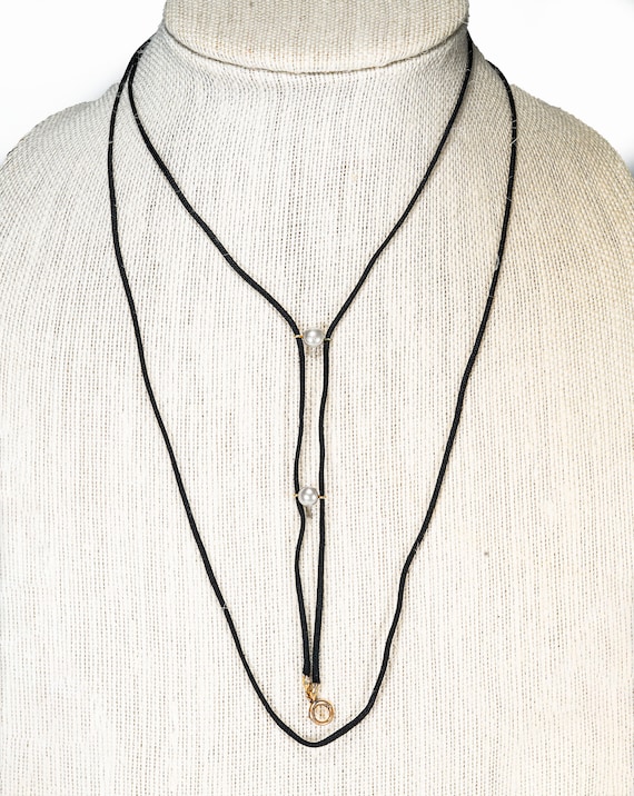 14k and pearl black cord double slide necklace