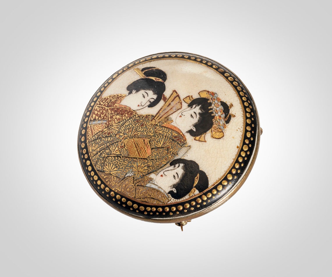 Large Japanese Satsuma Brooch 3 Maidens Etsy