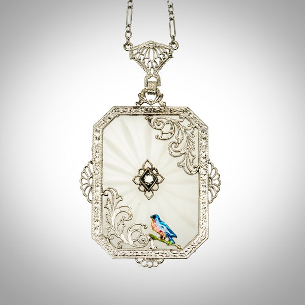 Art Deco 14k w/enameled blue bird & diamond camphor glass necklace