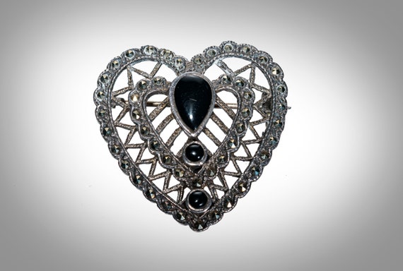 sterling silver heart with marcasite pin - image 1