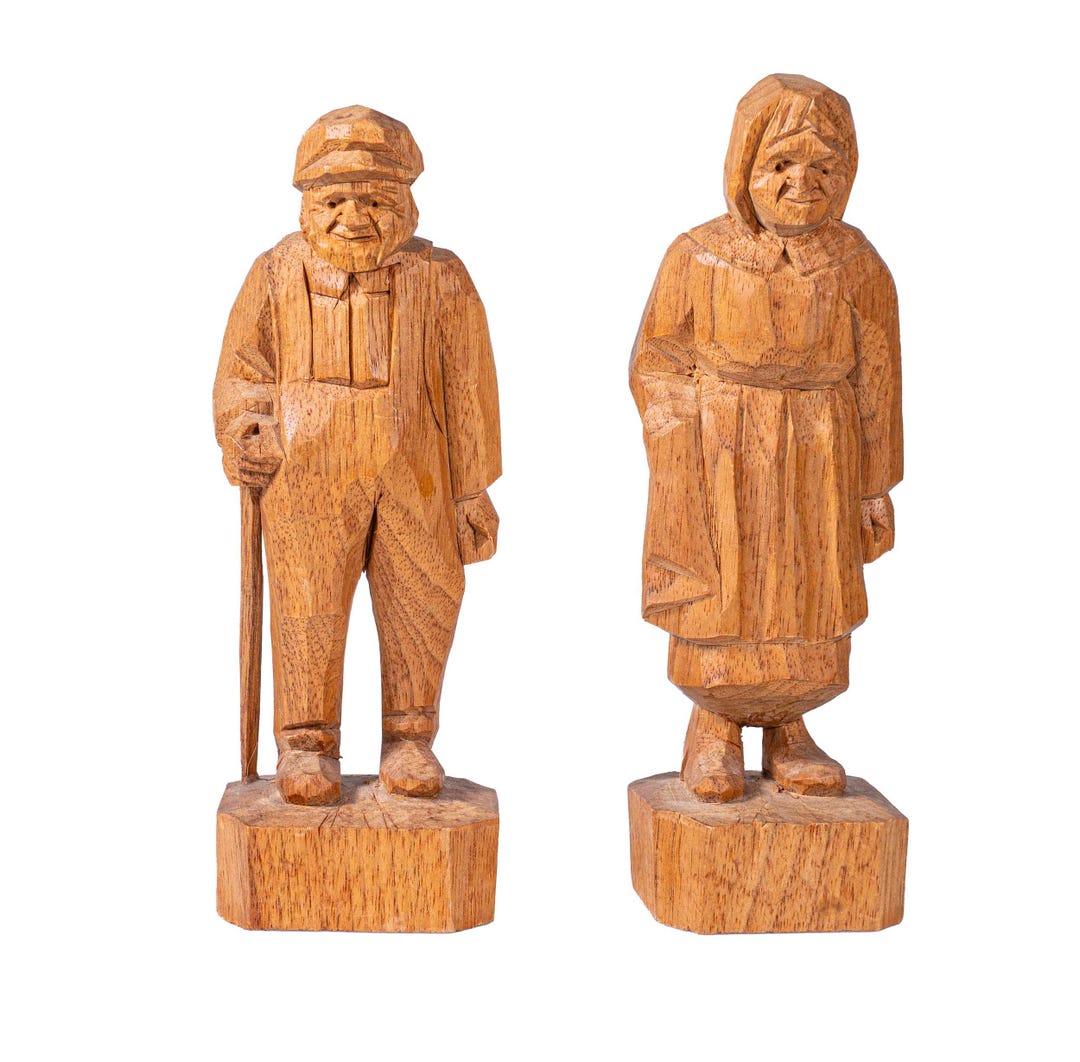 Folk Art Carved Wood Standing Man & Woman Figures 5