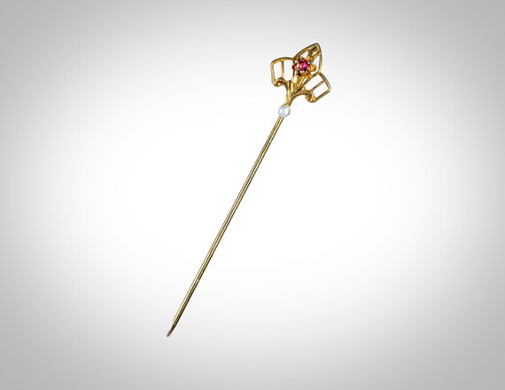 Art Deco 14k yellow gold paste & pearl  stick pin… - image 2