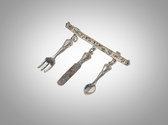 sterling miniature knife fork spoon brooch - image 2