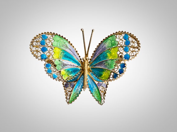 800 gilt silver filigree enameled butterfly - image 1