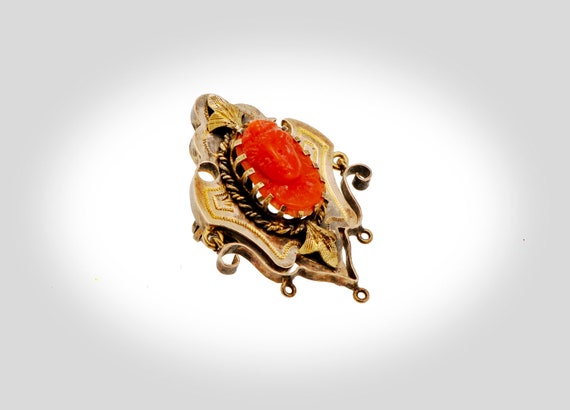 14k carved coral cameo Victorian brooch - image 2