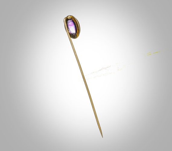 Arts & Crafts 14k stick pin w/oval amethyst caboc… - image 5