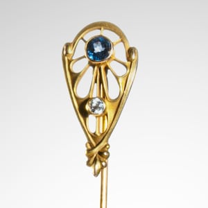 Art Nouveau 14k blue sapphire & diamond stick pin