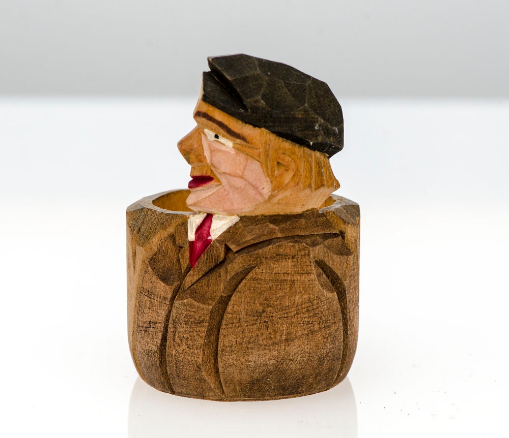 R Audet Carved Wood Man W/Black Cap Figural Napkin Ring Canadian Carver
