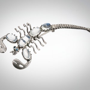 May include: A silver scorpion brooch with clear faceted stones and blue accents.