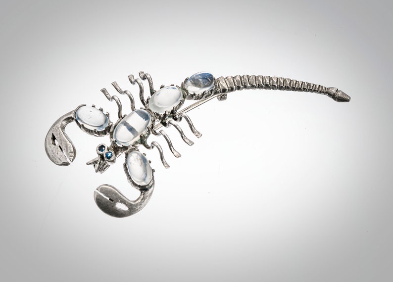 May include: A silver scorpion brooch with clear faceted stones and blue accents.