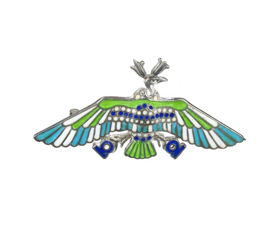 Egyptian revival enameled Eagle brooch 800 silver… - image 1