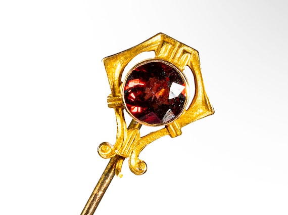 Art Deco 14k yellow gold red tourmaline stick pin… - image 1