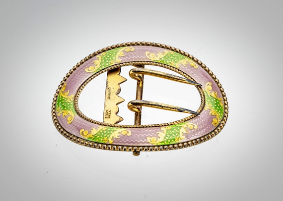 Antique 935 Silver Enamel Sash Buckle Antique 935 Silver Guilloché Enamel Floral Sash Buckle HL  main image 2