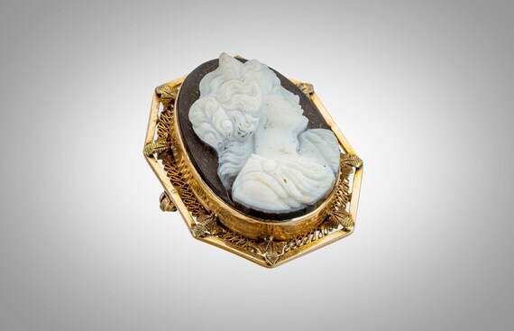Victorian 14k hard stone carved cameo brooch or p… - image 2
