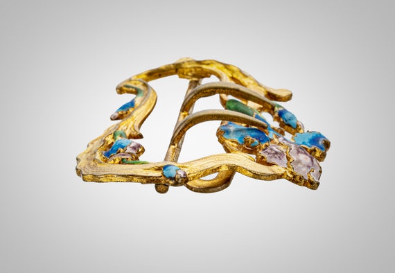 Art Nouveau  enameled floral gilt brass sash buck… - image 6