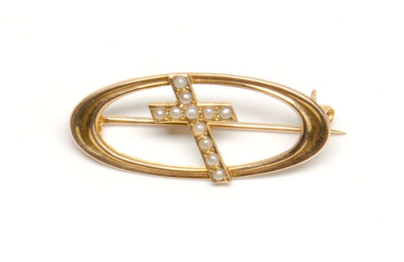 Antique 10k and pearl cross in oval brooch - image 1