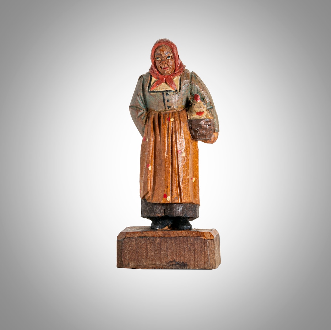 二人で跳び箱　ANRI　フェランディス　木彫人形　イタリア　23ｃｍ　絶版　レア Anri Italy Wood Carving Figure Woman W/chicken 3 1/2