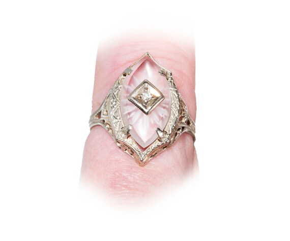 Art Deco 14k diamond camphor glass ring - image 6