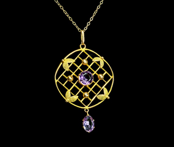 Edwardian 9k with amethysts pendant on 14k chain … - image 1