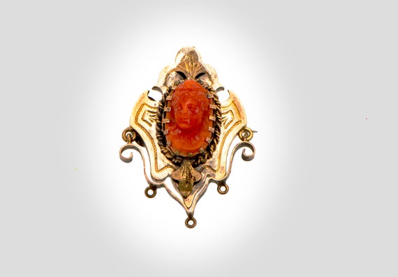 14k carved coral cameo Victorian brooch - image 1