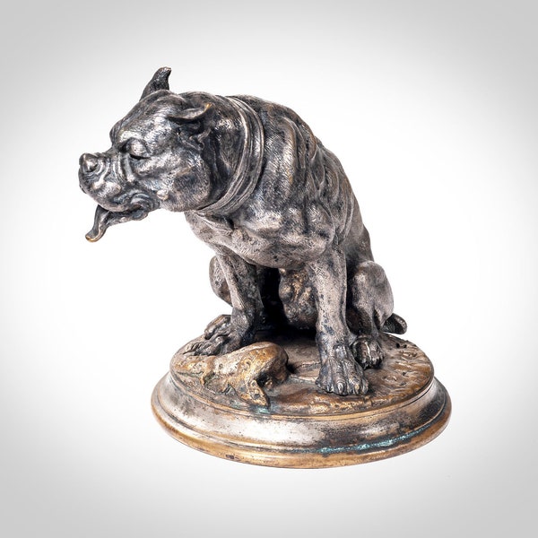 signed Barye silvered bronze dog with rat sculpture