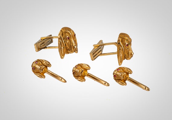 14k gents figural dog head with ruby eyes dress se