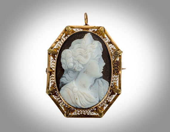 Victorian 14k hard stone carved cameo brooch or p… - image 6