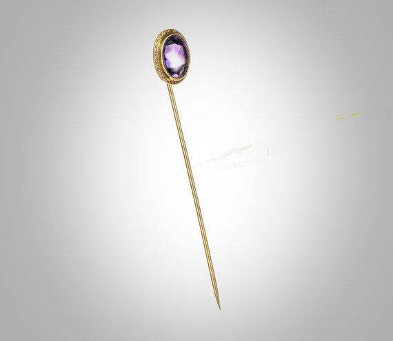 Arts & Crafts 14k stick pin w/oval amethyst caboc… - image 6