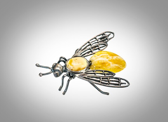 Baltic amber & silver insect brooch
