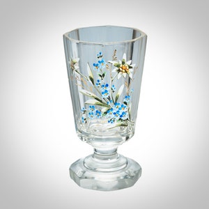 Bohemian enameled flowers cut glass clear chalice