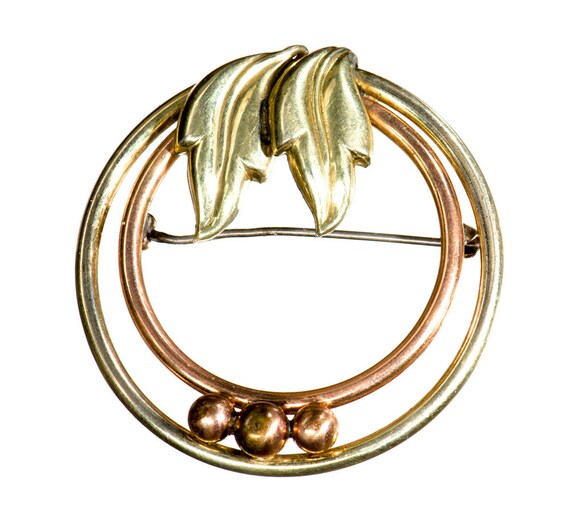 Retro rose and yellow gold filled circle brooch - image 1